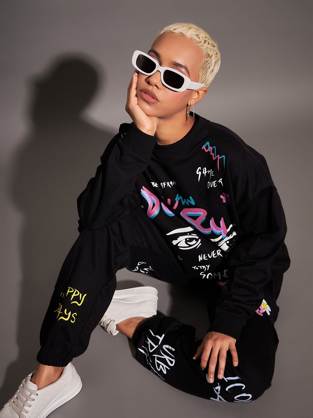 SASSAFRAS Typography Printed Long Sleeves Oversized Fleece Sweatshirt