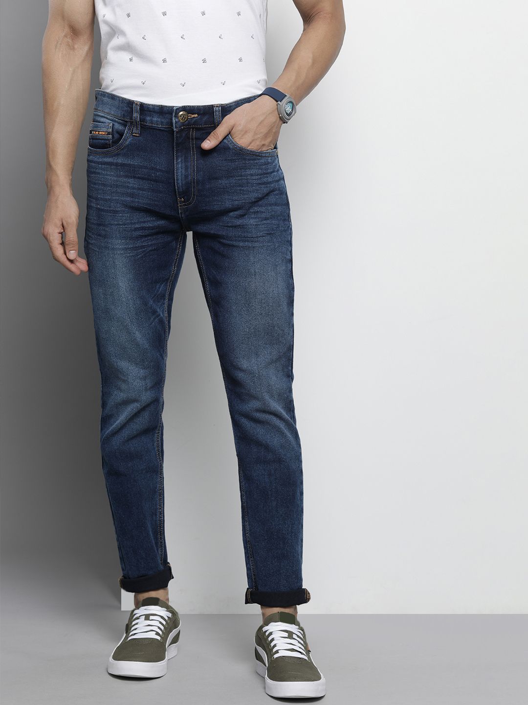 The Indian Garage Co Men Navy Blue Slim Fit Light Fade Stretchable Jeans