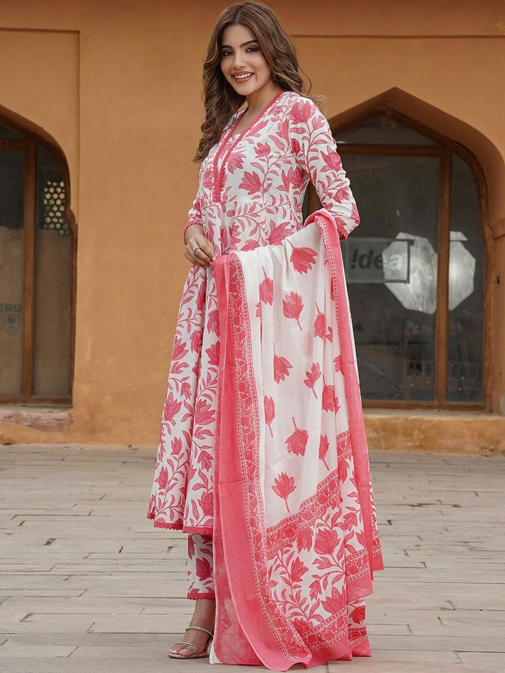 KALINI Floral Printed Pure Cotton Anarkali Kurta with Trousers & With Dupatta