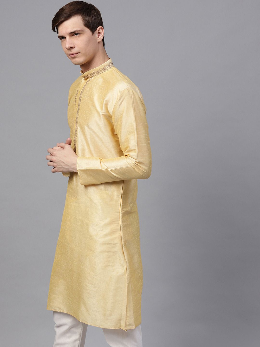 SOJANYA Men Gold-Coloured Yoke Design Straight Kurta