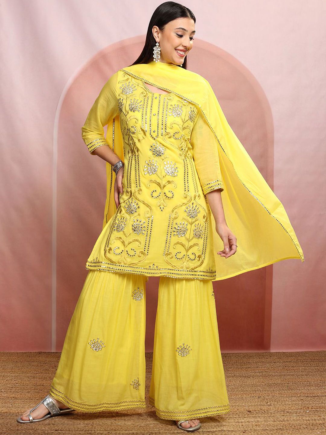 Vishudh Yellow Ethnic Motifs Embroidered Mirror Work Pure Cotton Straight Kurta Set