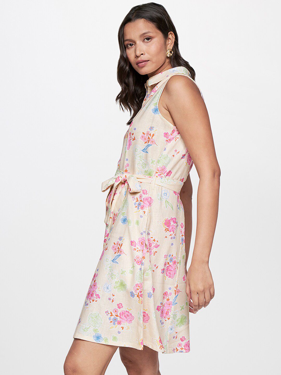 AND Sleeveless Floral Printed Belted Shirt Dress