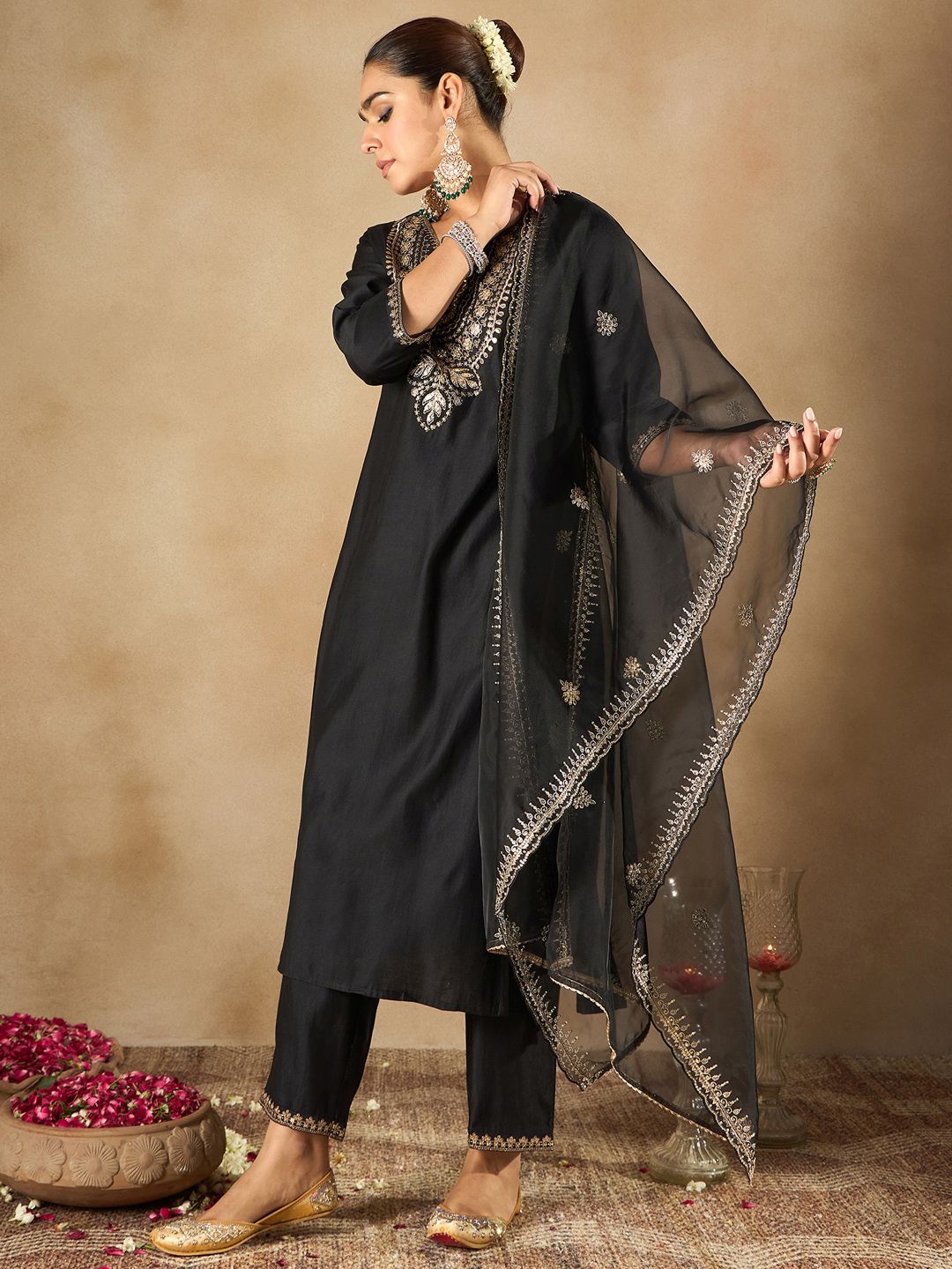 Indo Era Women Ethnic Motifs Embroidered Regular Liva Kurta with Trousers & With Dupatta