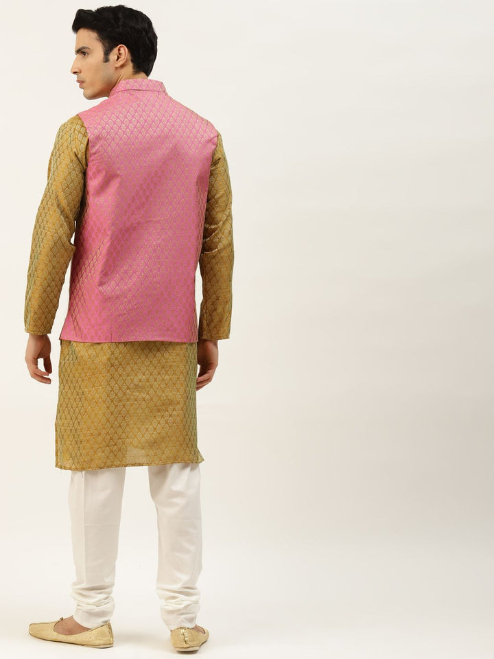 SOJANYA Lelaki Olive Brown & Pink Jacquard Ethnic Motifs Straight Kurta with Churidar