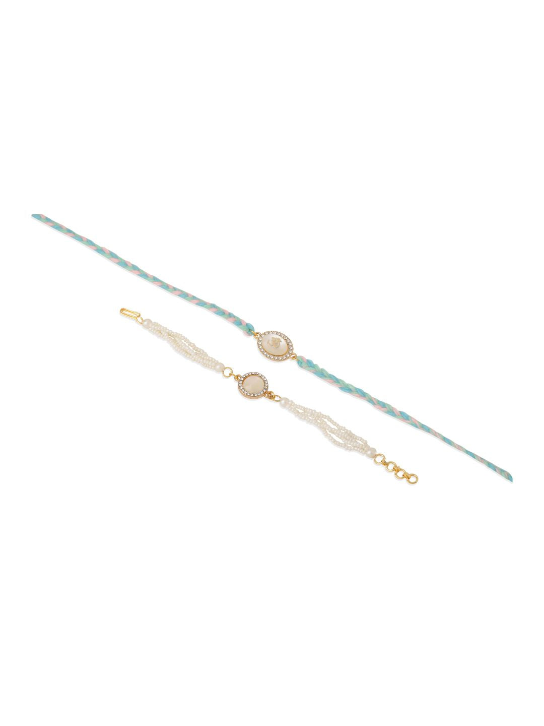 NVR Set of 2 White Pearls & Artificial Beads Bhaiya Bhabhi Rakhi with Roli Chawal