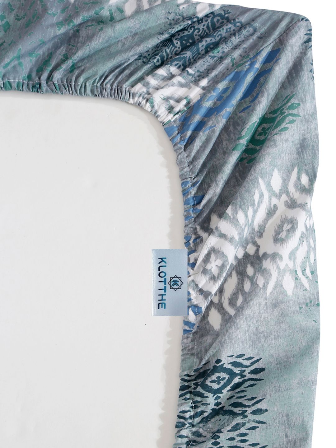 KLOTTHE Blue & Grey Printed Pure Cotton 400 TC Fitted Single Bedsheet With Pillow Cover