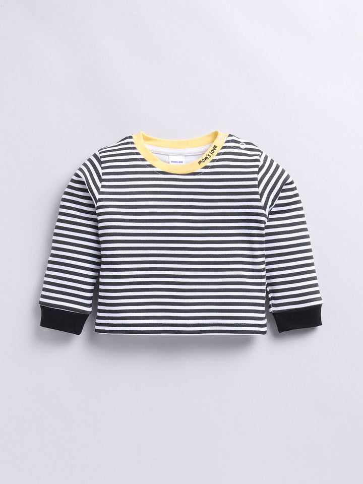 Moms Love Infants Boys Pure Cotton Dungaree With Striped T-Shirt