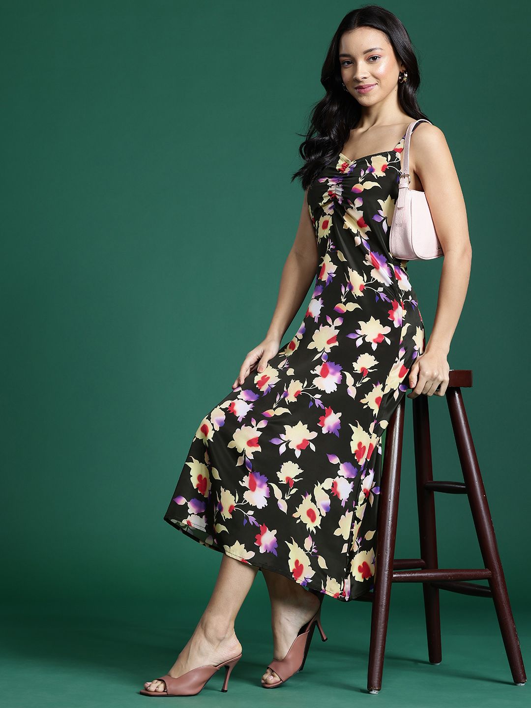 DressBerry Floral Print Ruched A-Line Midi Dress