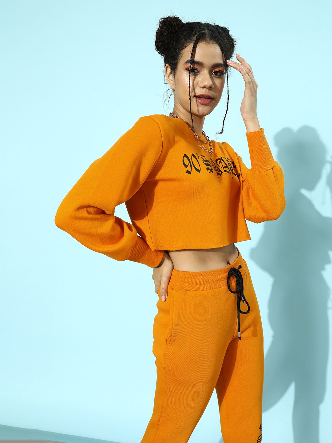 STREET 9 Women Bright Orange Typography Cropped Sweatshirt