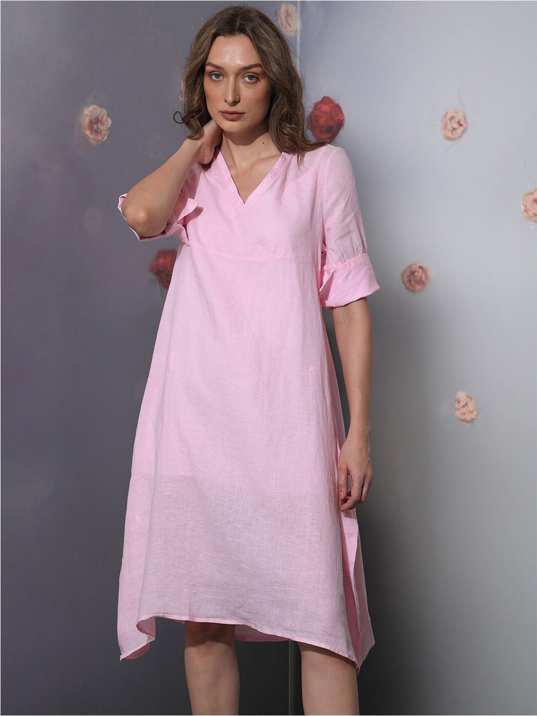 RAREISM V-Neck Linen Shift Dress