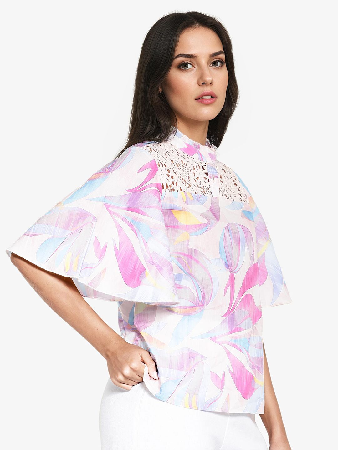 RAREISM High Neck Floral Print Flared Sleeve Cotton Top