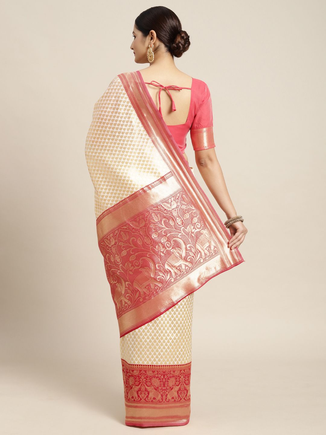 Saree mall Off White & Pink Ethnic Motifs Zari Silk Blend Kanjeevaram Sarees