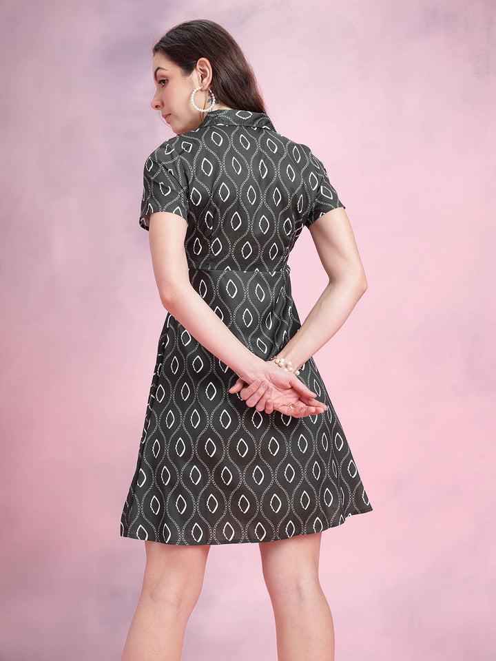 DressBerry Geometric Printed Lapel Collar A-Line Dress