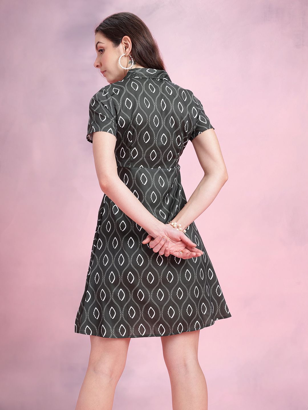 DressBerry Geometric Printed Lapel Collar A-Line Dress