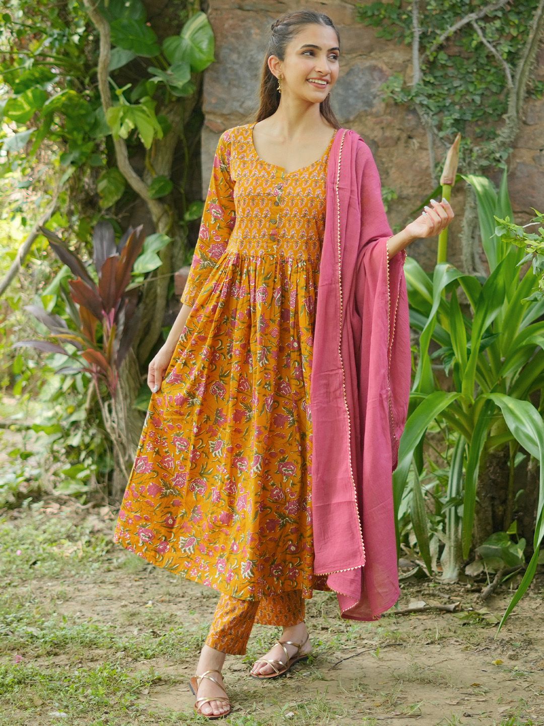 Libas Floral Printed Round Neck Three-Quarter Sleeves Pure Cotton Kurta Set