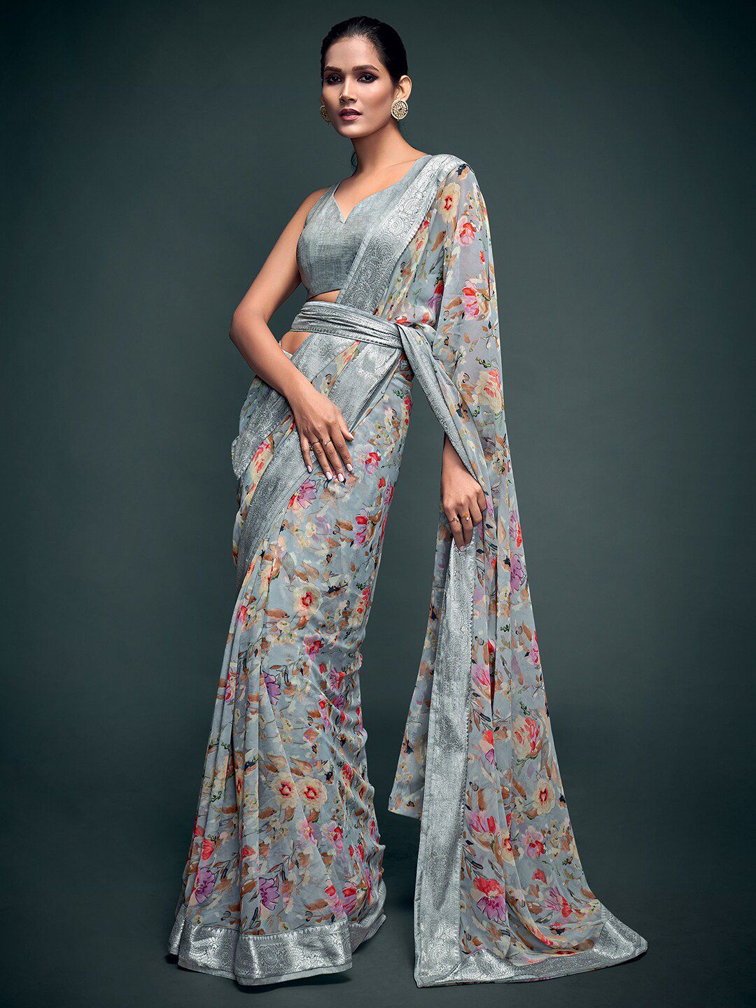 Saree mall Grey Red Floral Print Poly Georgette Banarasi Saree