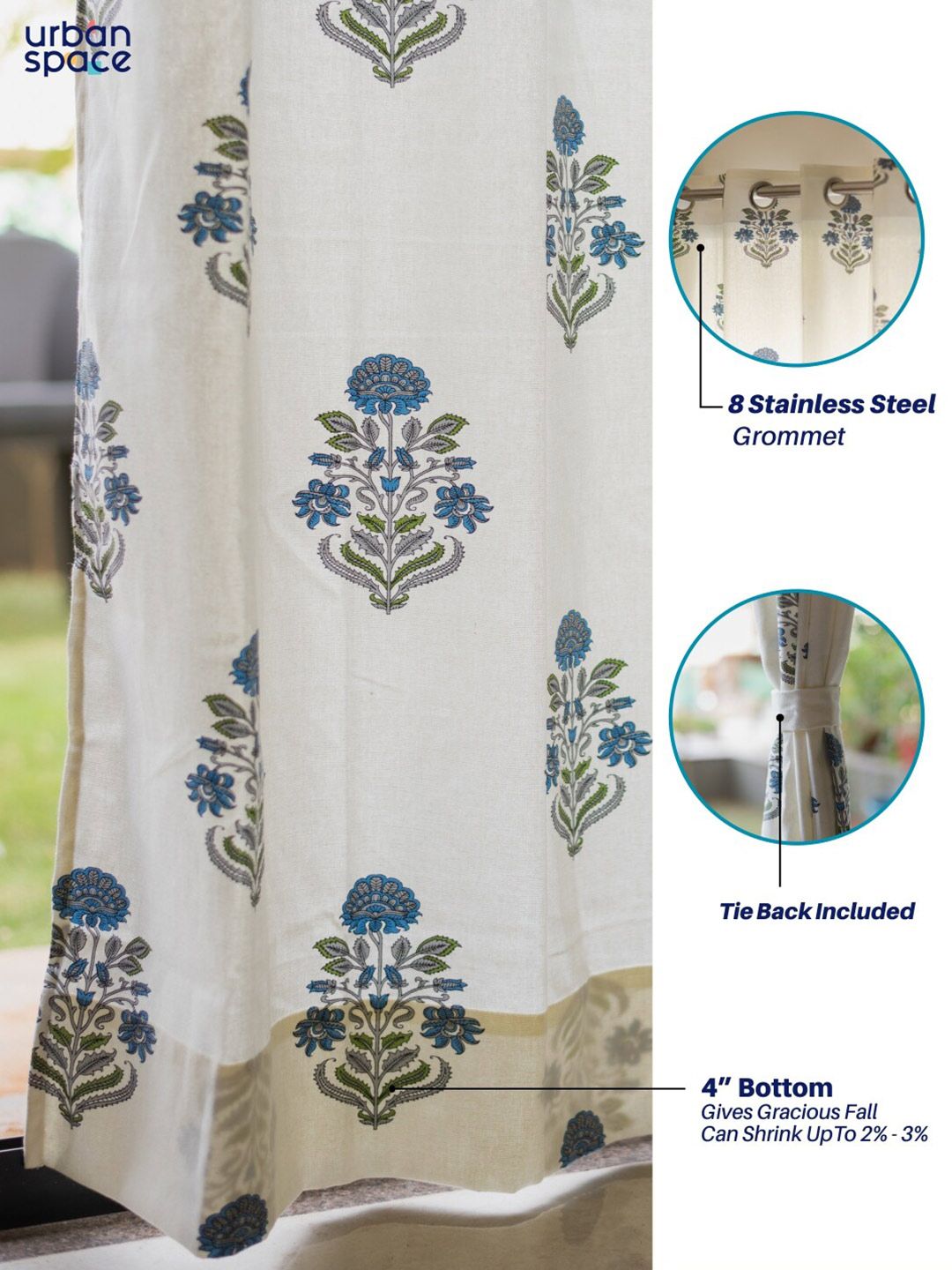 URBAN SPACE White & Blue 2-Pieces Floral Cotton Window Curtains