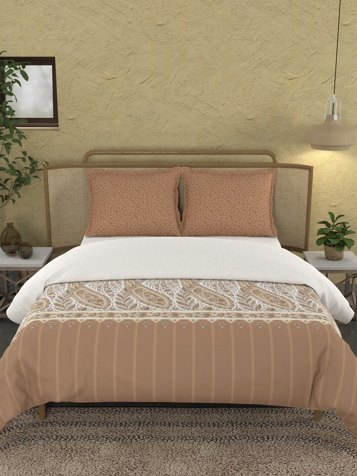 MYTRIDENT Brown & White Ethnic Motifs Cotton 144 TC King Bedsheet With 2 Pillow Covers