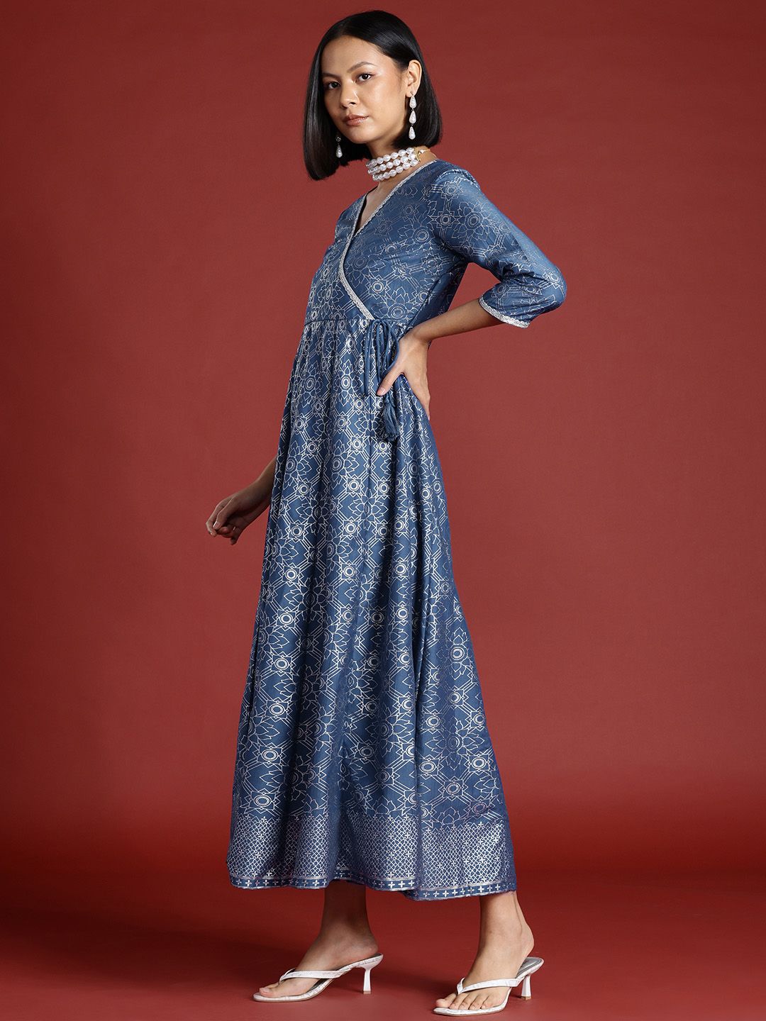 all about you Block Print Wrap Midi Ethnic Dress with Dupatta