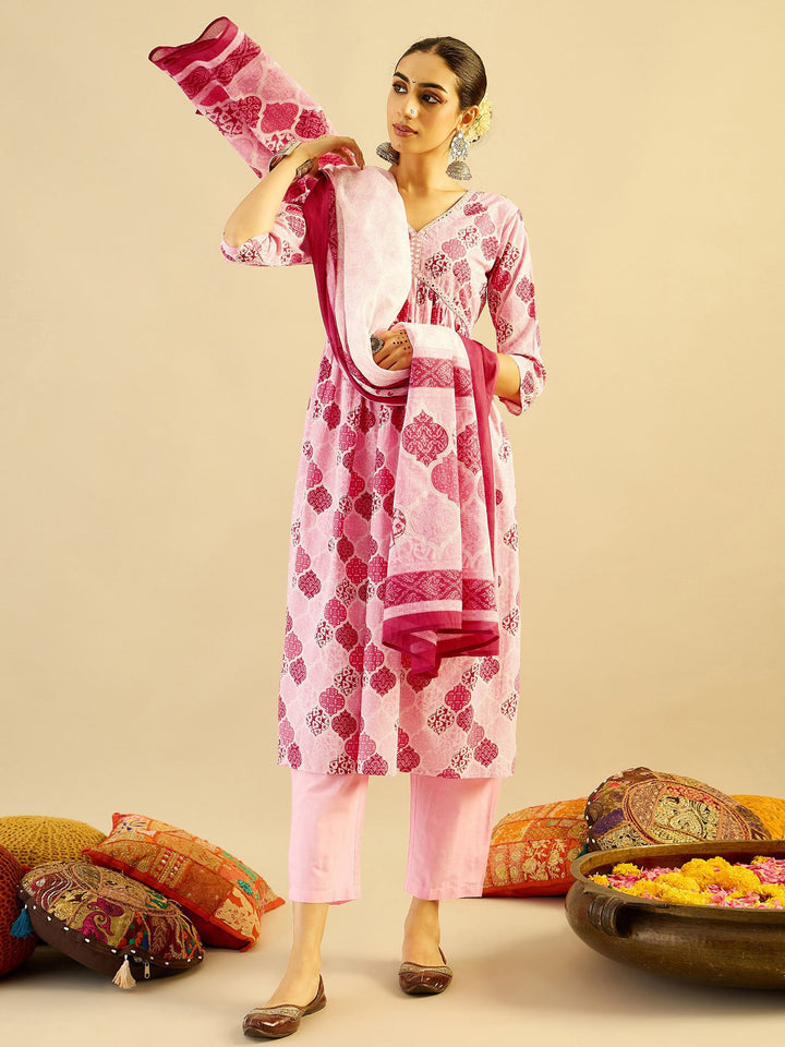 Indo Era Ethnic Motifs Printed Mirror Work Pure Cotton Kurta with Trouser And Dupatta