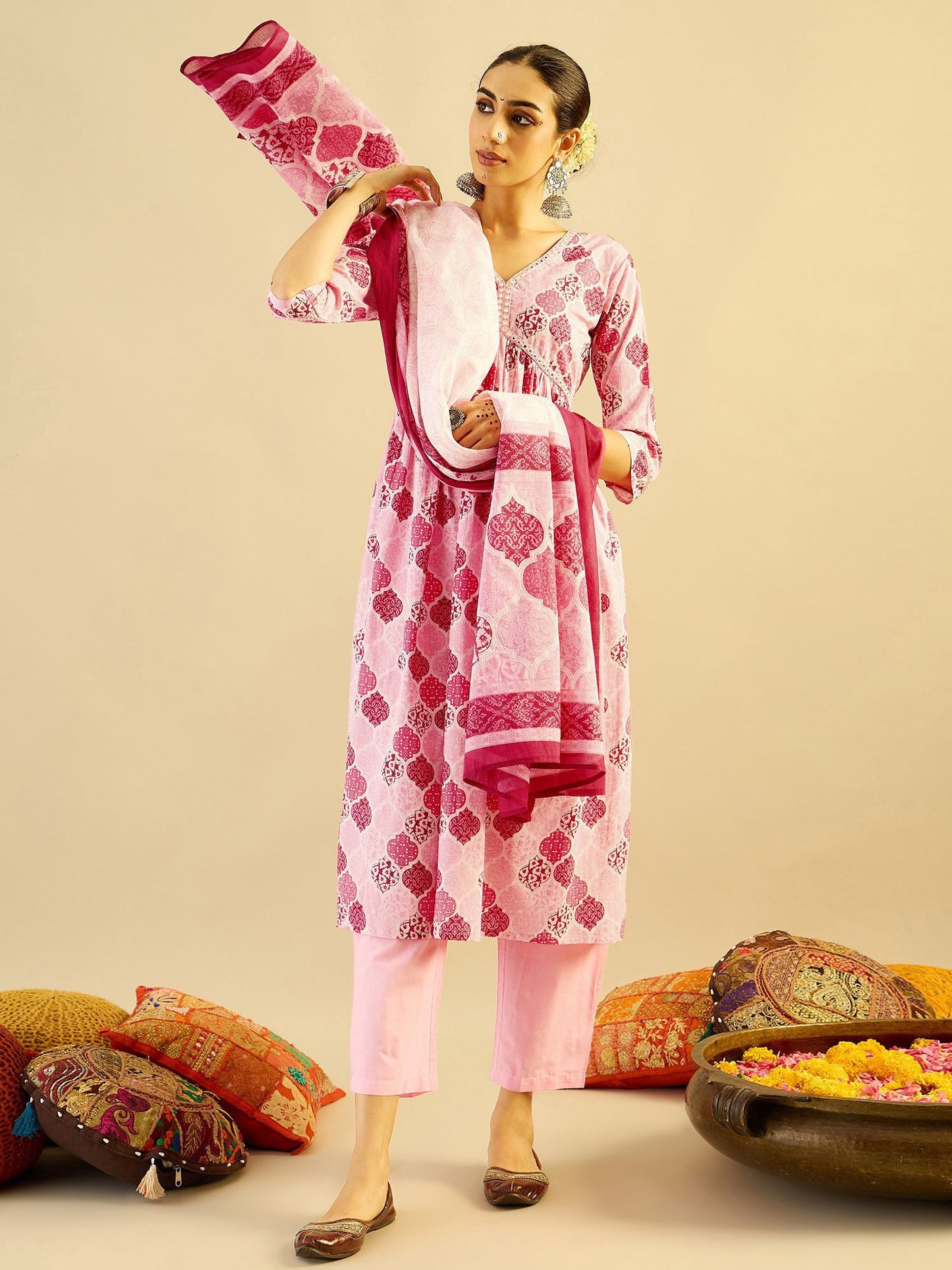 Indo Era Ethnic Motifs Printed Mirror Work Pure Cotton Kurta with Trouser And Dupatta
