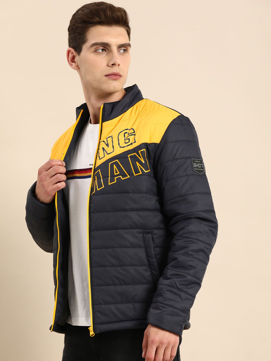 Being Human Men Navy Blue Brand Logo Lightweight Padded Jacket