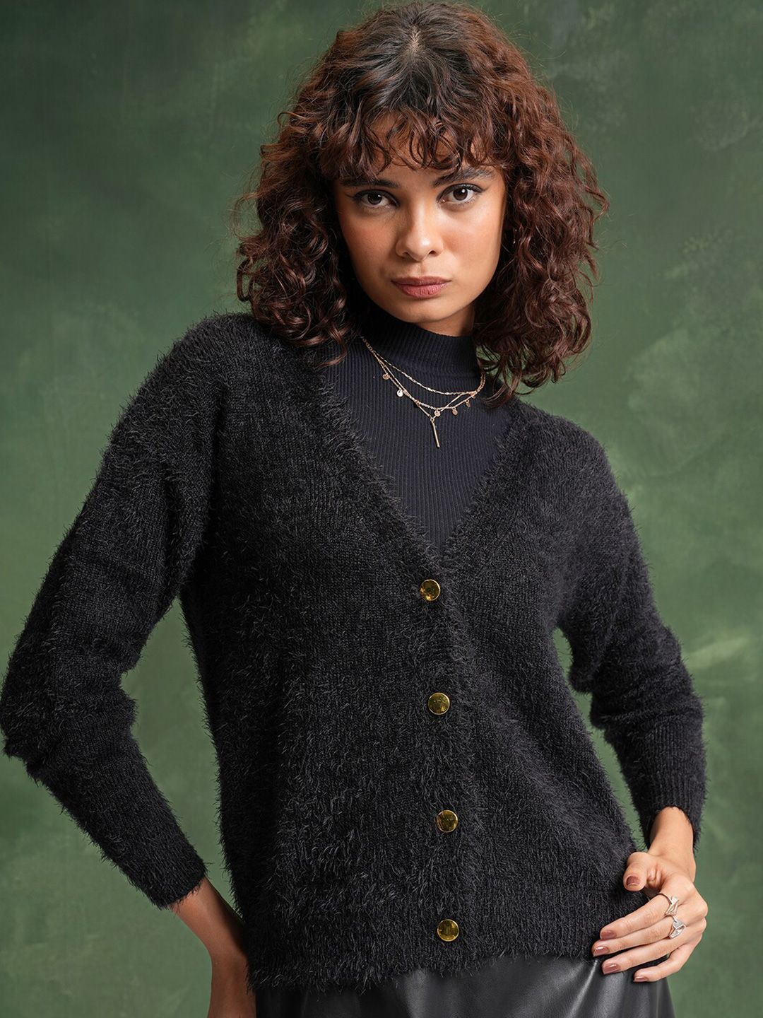 Tokyo Talkies Black Self Designed V-Neck Crop Acrylic Cardigan