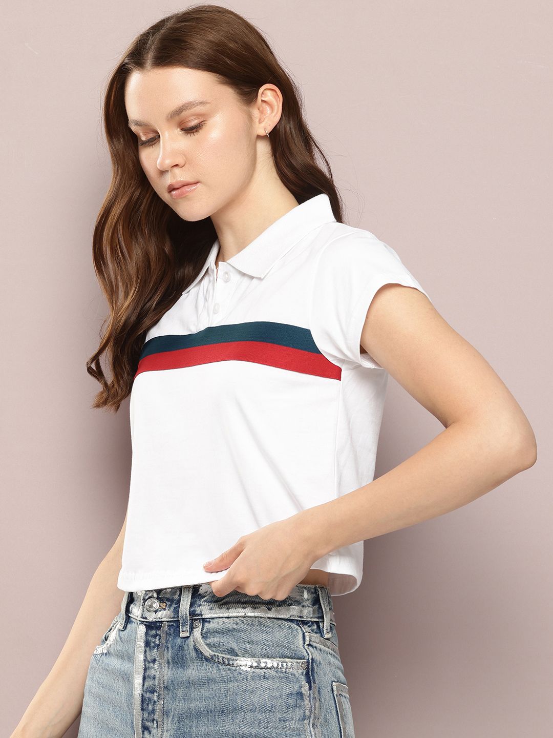 DILLINGER Women Regular Cropped Self Design Polo Tshirt