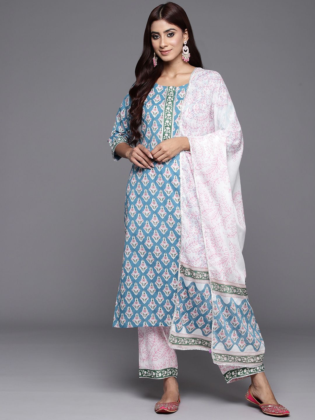 Libas Women Blue Floral Printed Pure Cotton Kurta with Trousers & With Dupatta