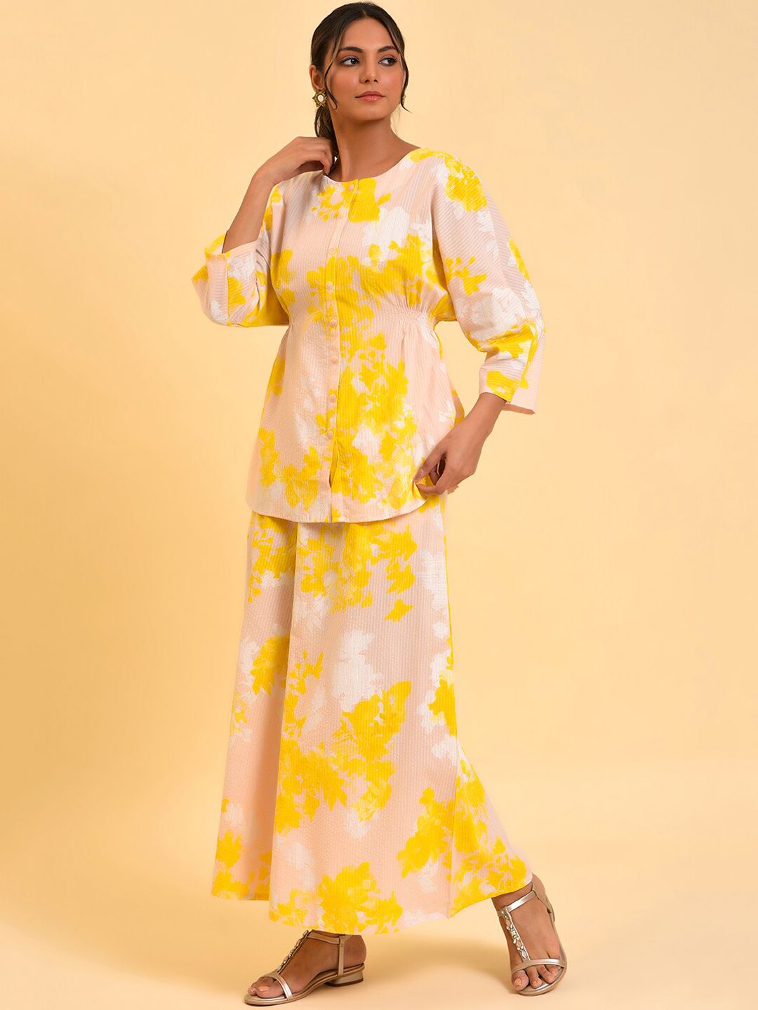 W Peach-Coloured & Yellow Abstract Printed Pure Cotton Top With Palazzos