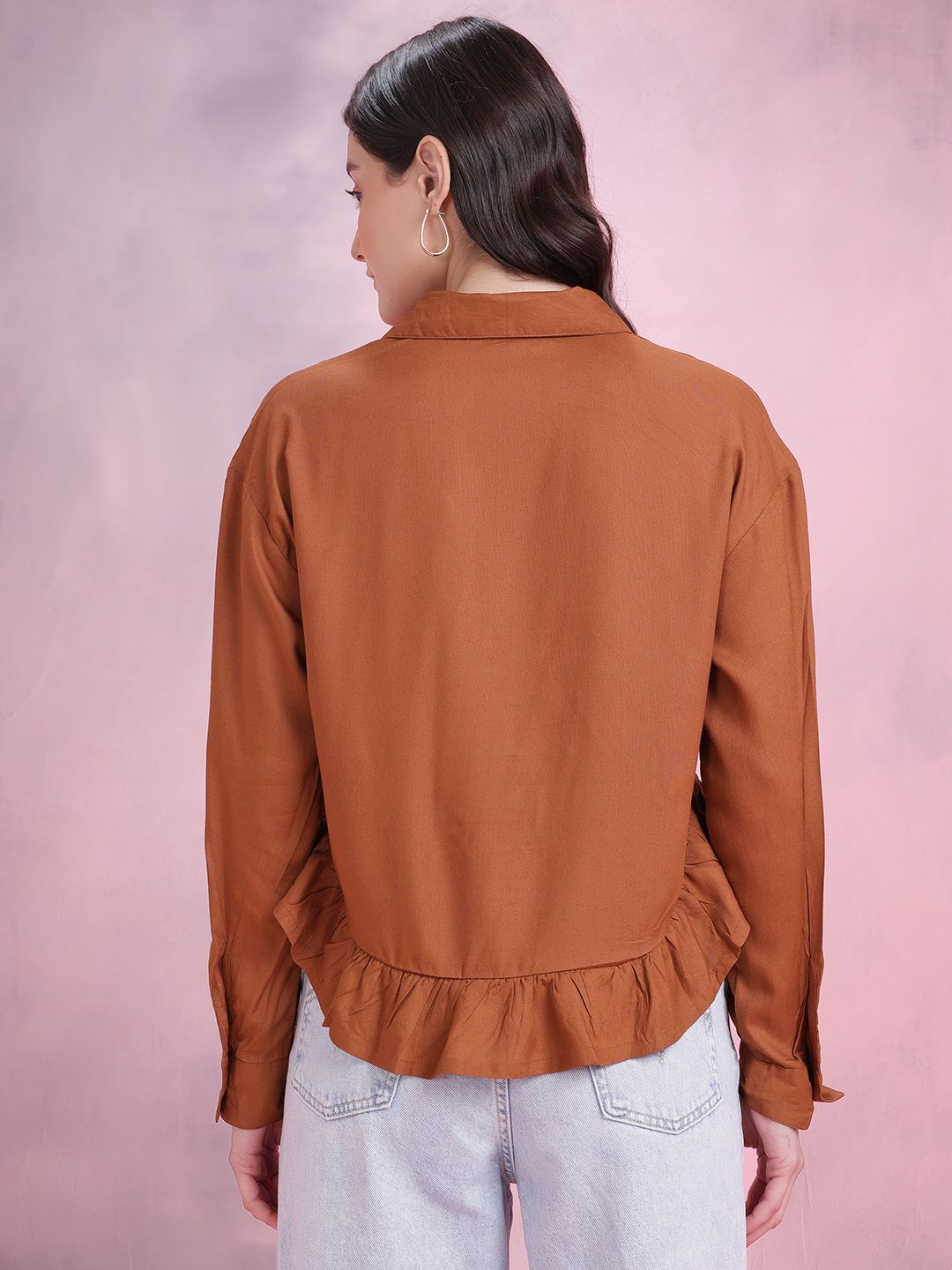 DressBerry Women Ruffled Spread Collar Casual Crop Shirt