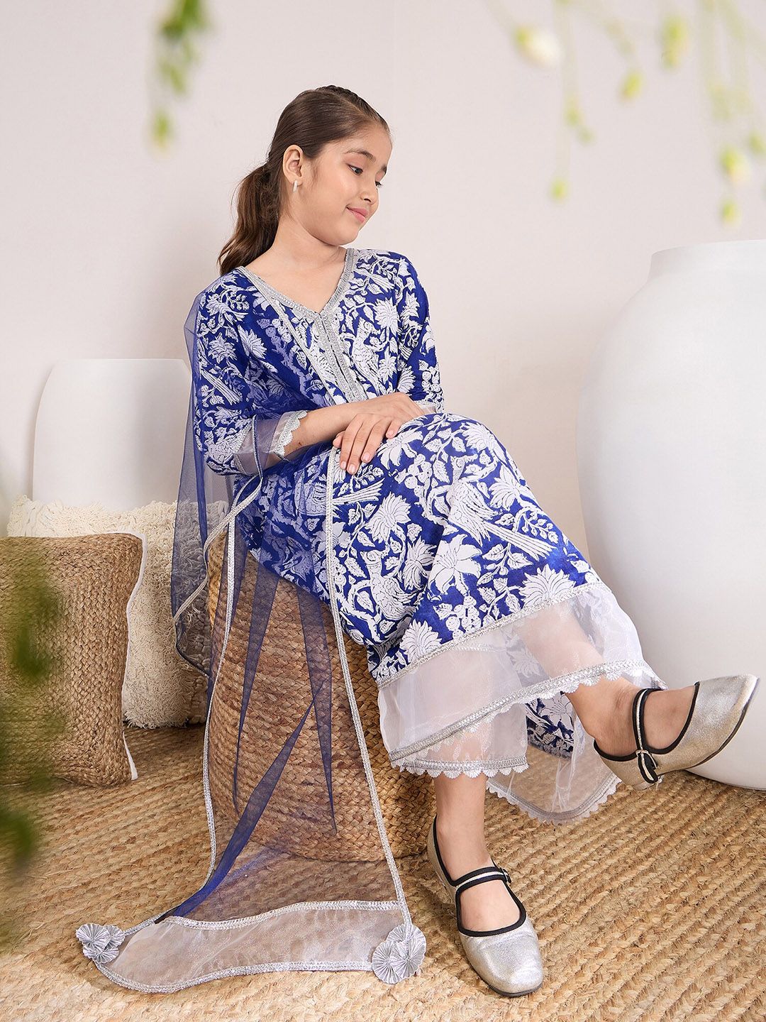 pspeaches Girls Ethnic Motifs Printed Pure Cotton Kurta & Palazzos With Dupatta