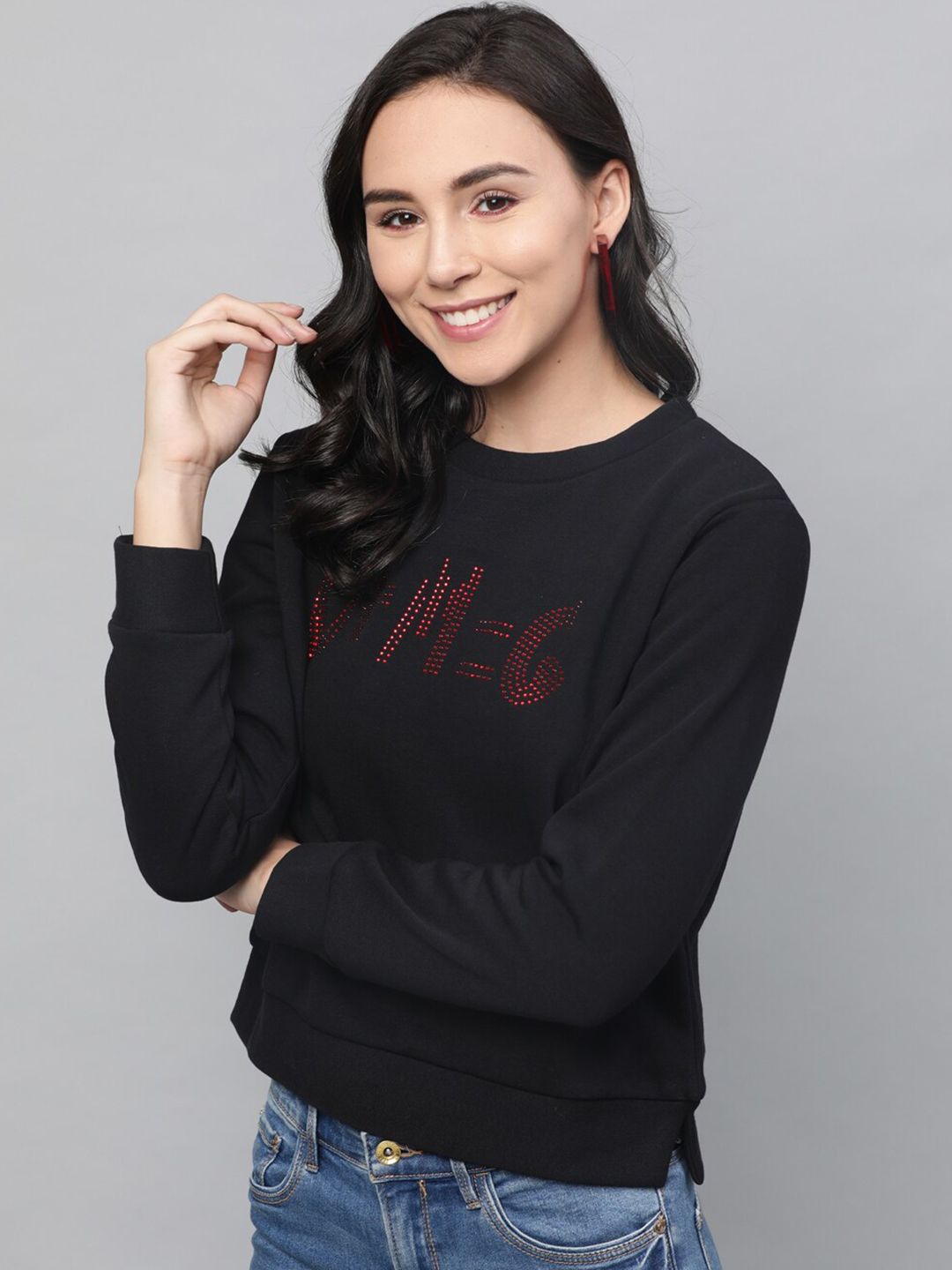 STREET 9 Women Black & Red Printed Sweatshirt