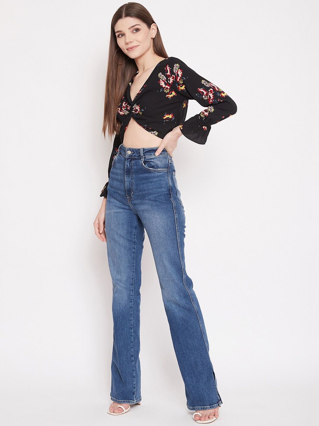Berrylush Black & Red Floral Bishop Sleeves Crepe Wrap Crop Top
