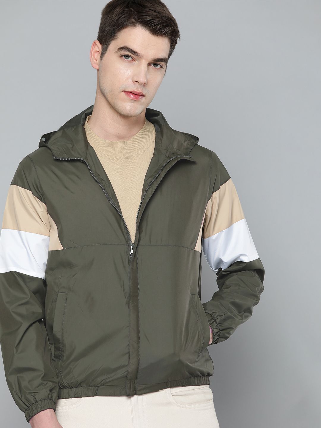 ether Men Olive Green & White Tailored Jacket with Striped Detail