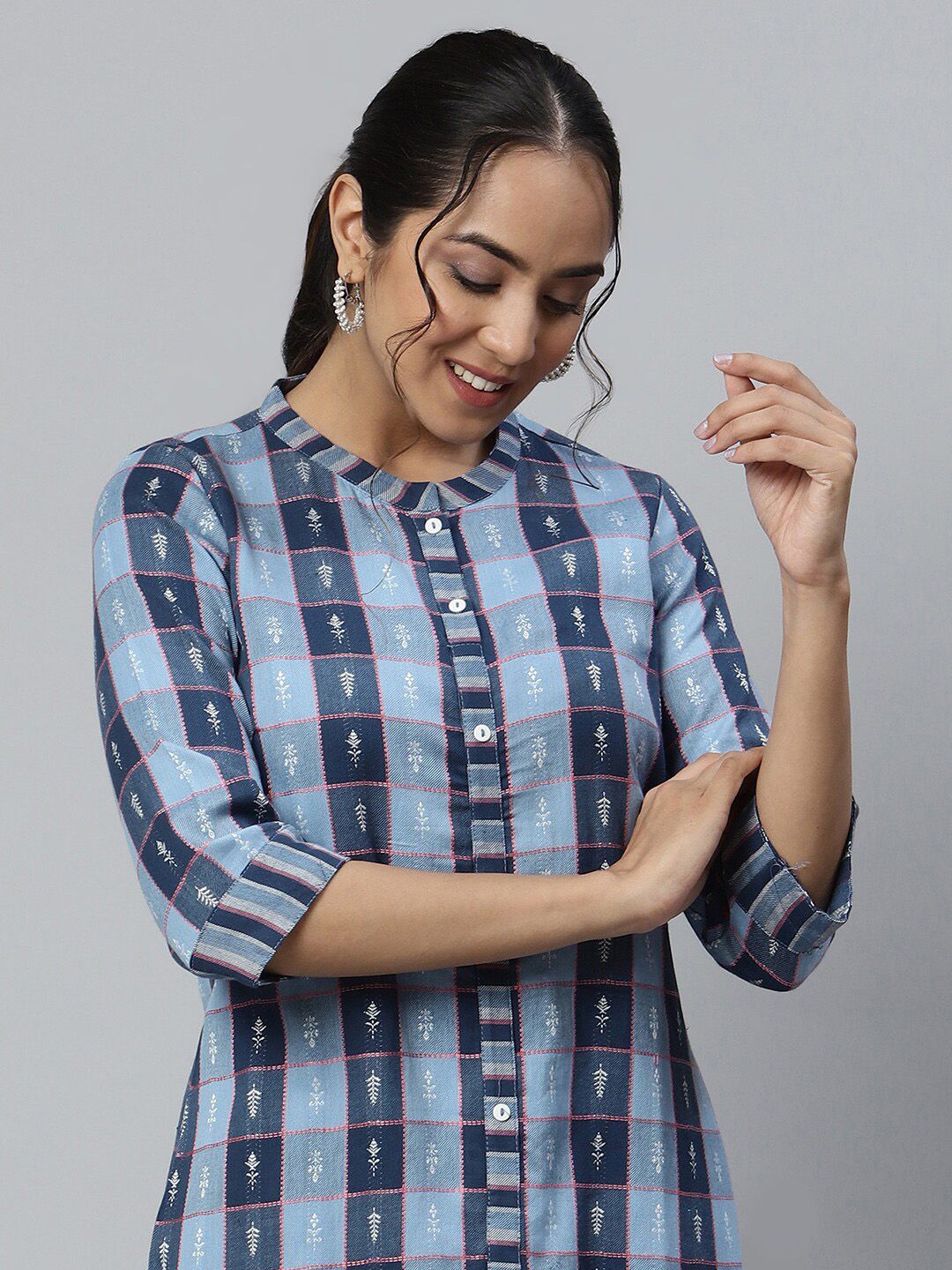 AURELIA Women Blue Printed Chanderi Cotton Kurta Set
