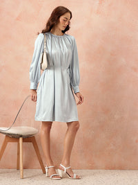 all about you Gathered Detail Bishop Sleeves Party Satin A-Line Dress with Belt