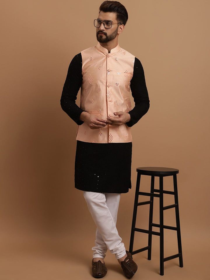 SOJANYA Ethnic Embroidered Sequinned Pure Cotton Kurta & Churidar With Nehru Jacket