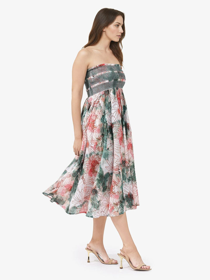 RAREISM Floral Printed Cotton Flared Off-Shoulder Fit & Flare Midi Dress