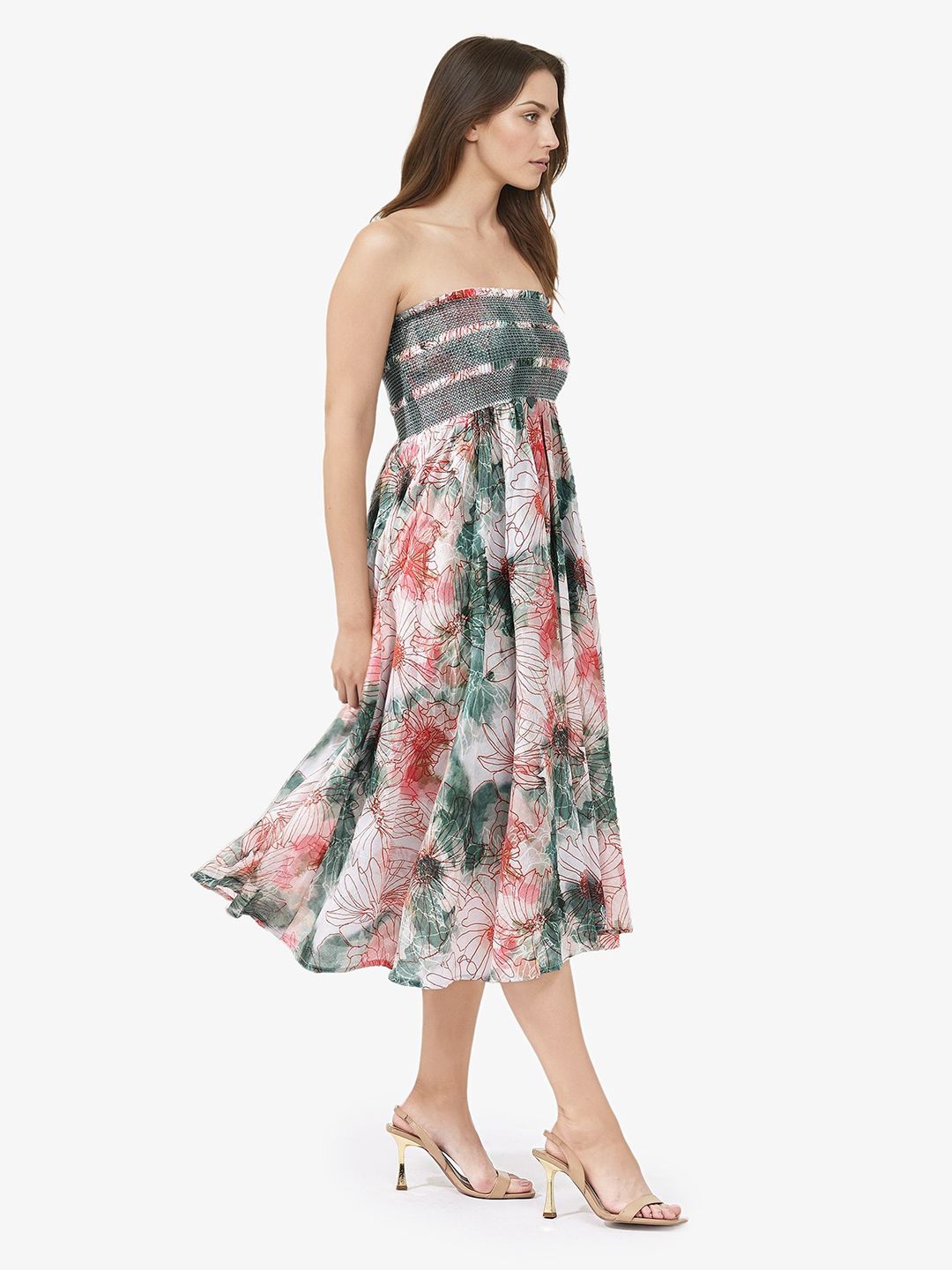 RAREISM Floral Printed Cotton Flared Off-Shoulder Fit & Flare Midi Dress