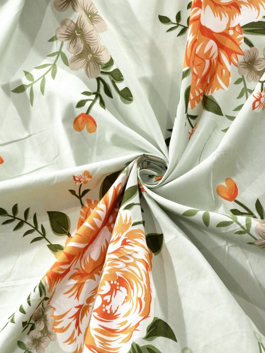 KLOTTHE Green & Orange Colored Printed 300TC King Double Bedsheets with 2 pillow cover