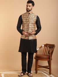 SOJANYA Kurta Lelaki Hitam & Beige dengan Jaket Nehru Churidar & Bercetak