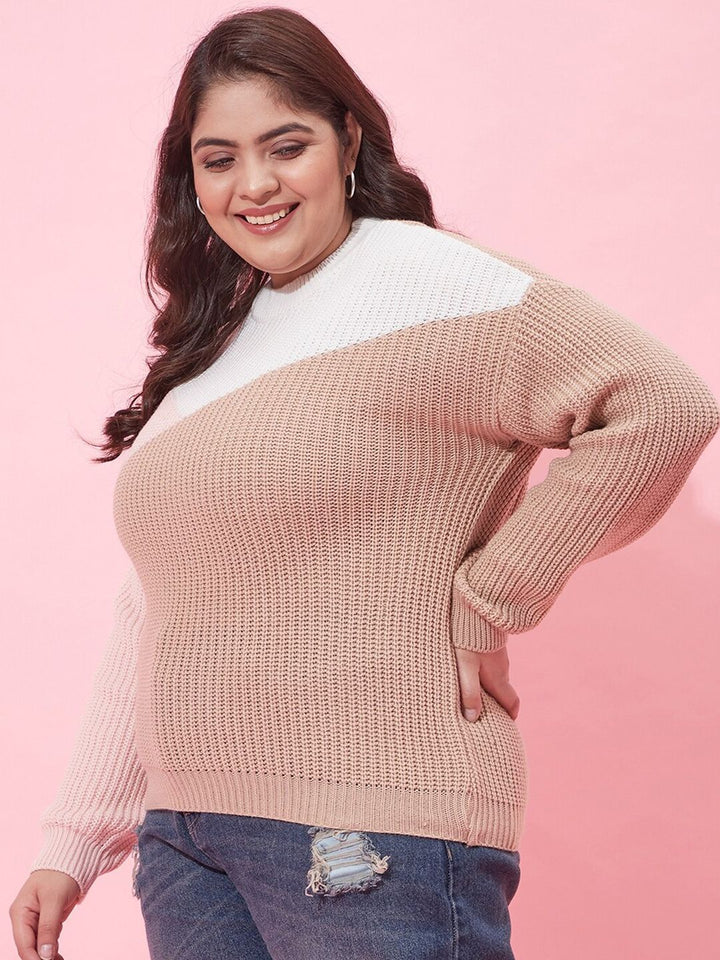 CURVY STREET Women Plus Size Colourblocked Acrylic Pullover Sweater