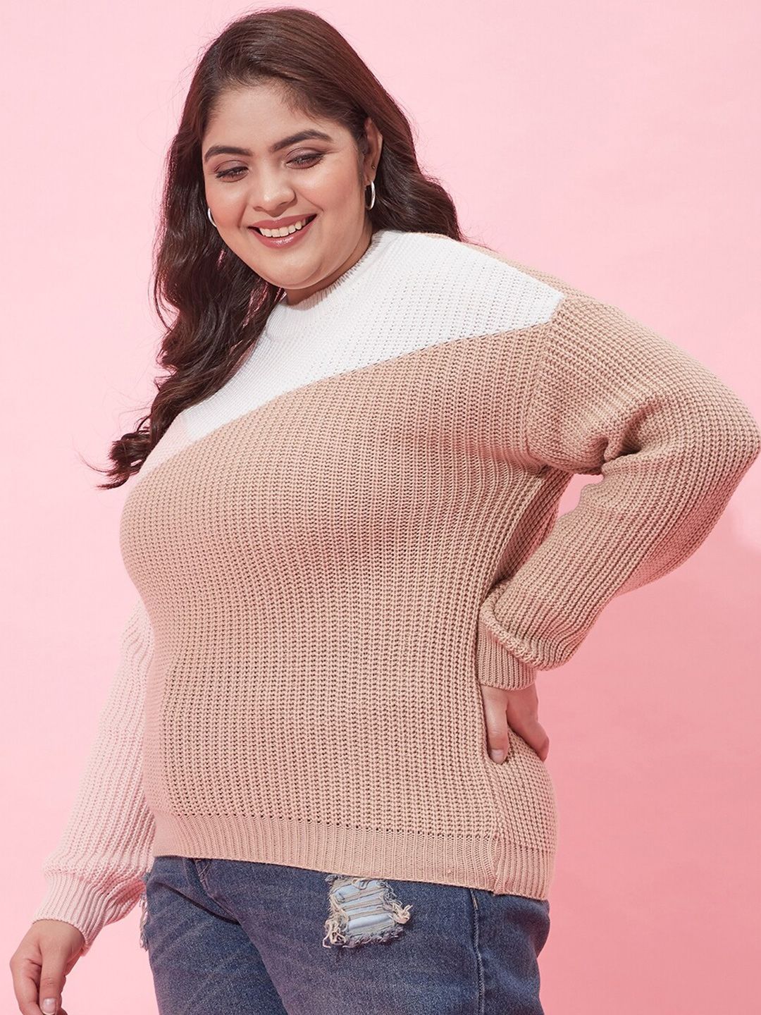 CURVY STREET Women Plus Size Colourblocked Acrylic Pullover Sweater