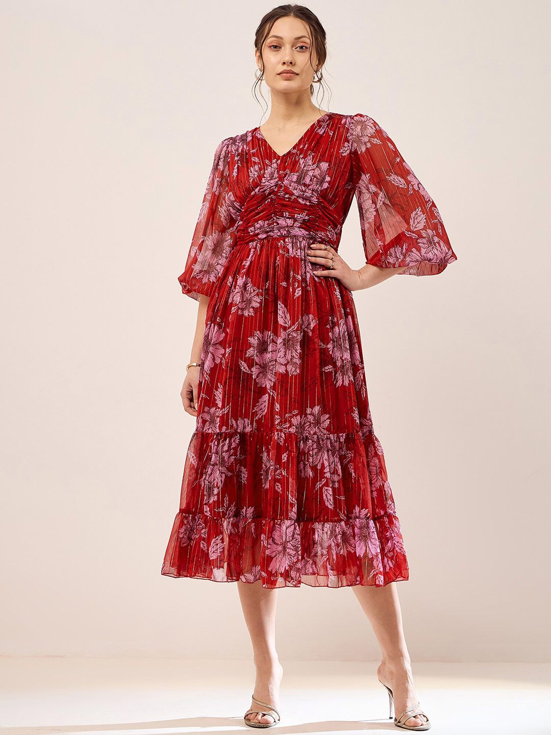 Antheaa Red Floral Printed Puff Sleeves Gathered Tiered Fit & Flare Midi Dress