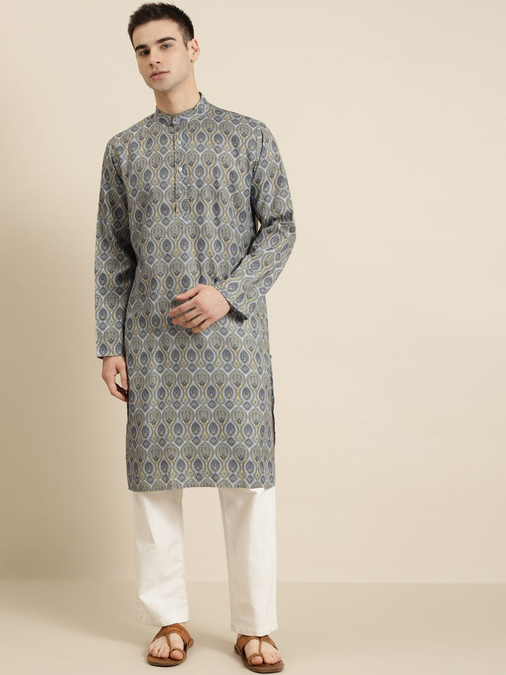SOJANYA Lelaki Grey & Yellow Pure Cotton Ethnic Motifs Printed Kurta