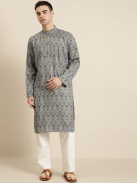 SOJANYA Lelaki Grey & Yellow Pure Cotton Ethnic Motifs Printed Kurta
