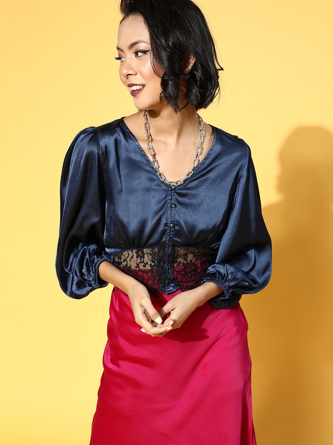 Antheaa Women Deep Navy Blue Solid Lace Top