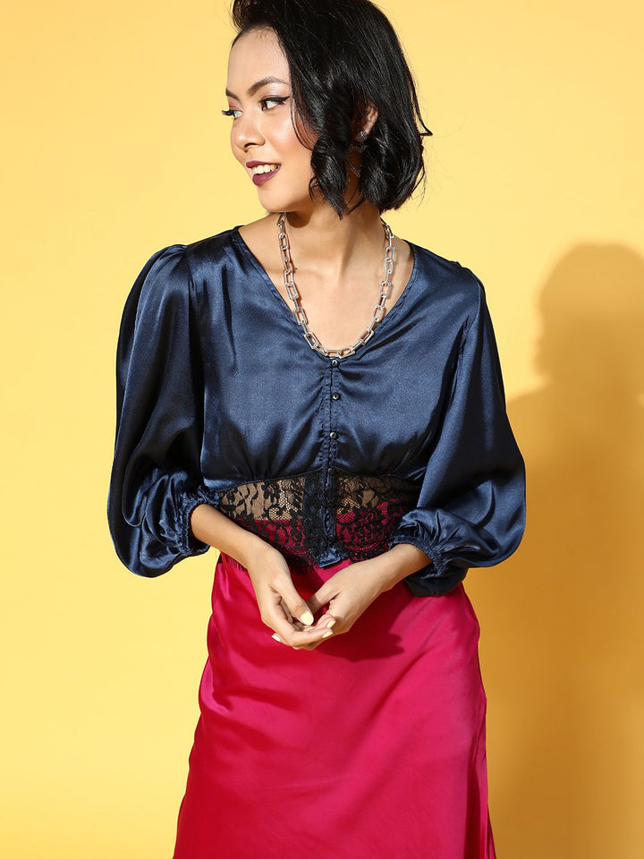 Antheaa Women Deep Navy Blue Solid Lace Top