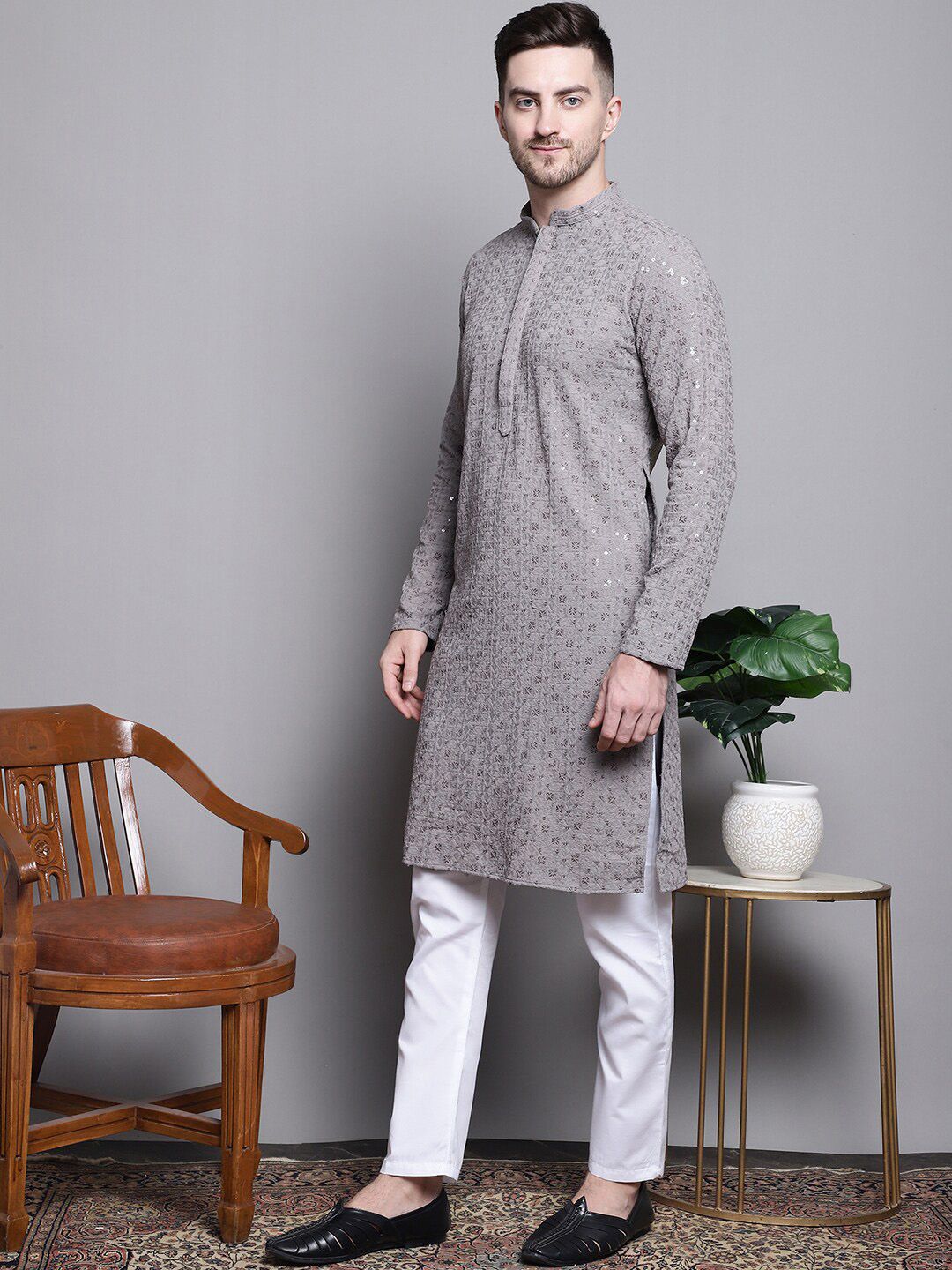 Jompers Floral Embroidered SequinnedStraight Kurta With Pyjamas